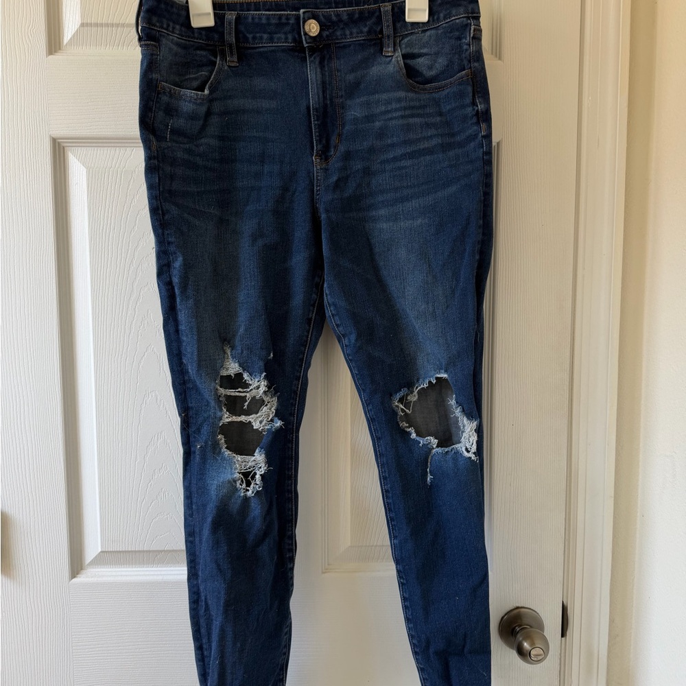 American Eagle Medium Blue Stretch Denim Jeans with Pink Accents